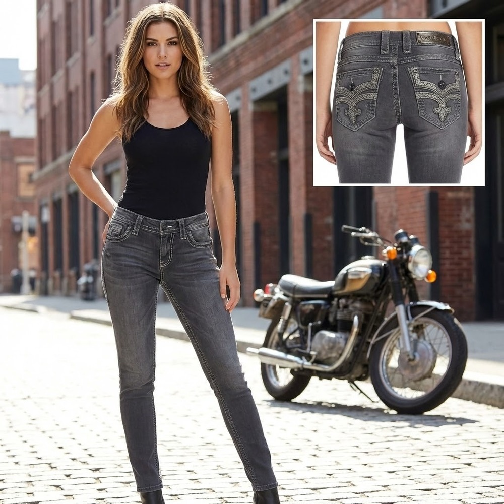 Rock Revival Teyla S1 Skinny Jeans‎ Womens 24 Dark Grey Embroidered TE8578S1R